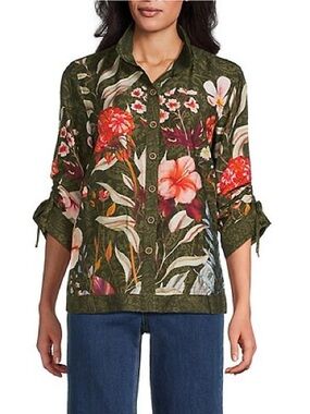 John Mark Floral Print Wire Collar 3/4 Cinched Tie Sleeve Button Front Shirt